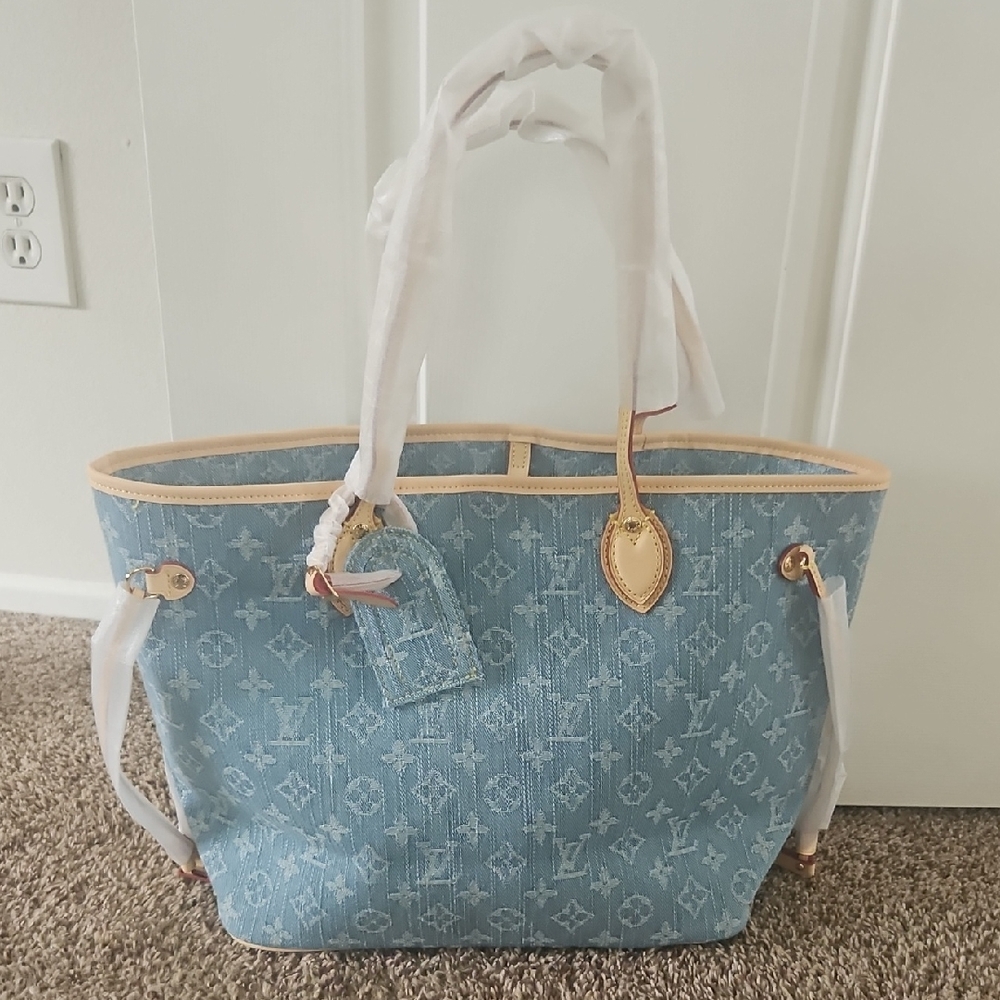Elegant Denim Blue Monogram Inspired  Tote Bag